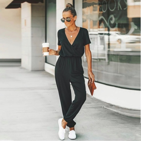 Short Sleeve Wrap Loose Long Romper Jumpsuit - Cupshe - Black - Small - Picture 2 of 5